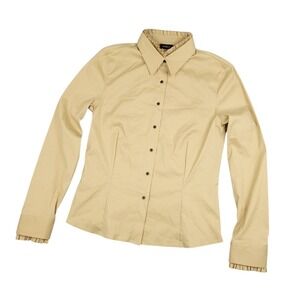 Akris Blouse Womens 10 Beige Ruffle Collar Sleeve Button Up Stretch Cotton